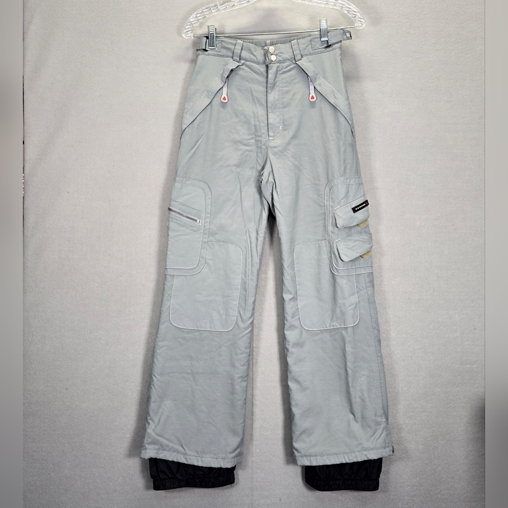 Kemper Cargo Snow Pants  Size 14 26x26 Weatherproof Belted Zipper Nylon Gray